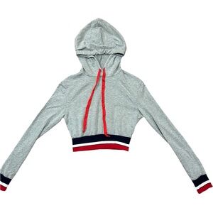 Grey Cropped Pullover Hoodie Red Drawstring Red and Navy Stripes